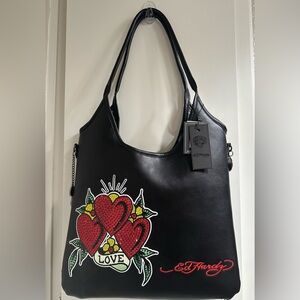 Ed Hardy Black Tote with Red Heart Design